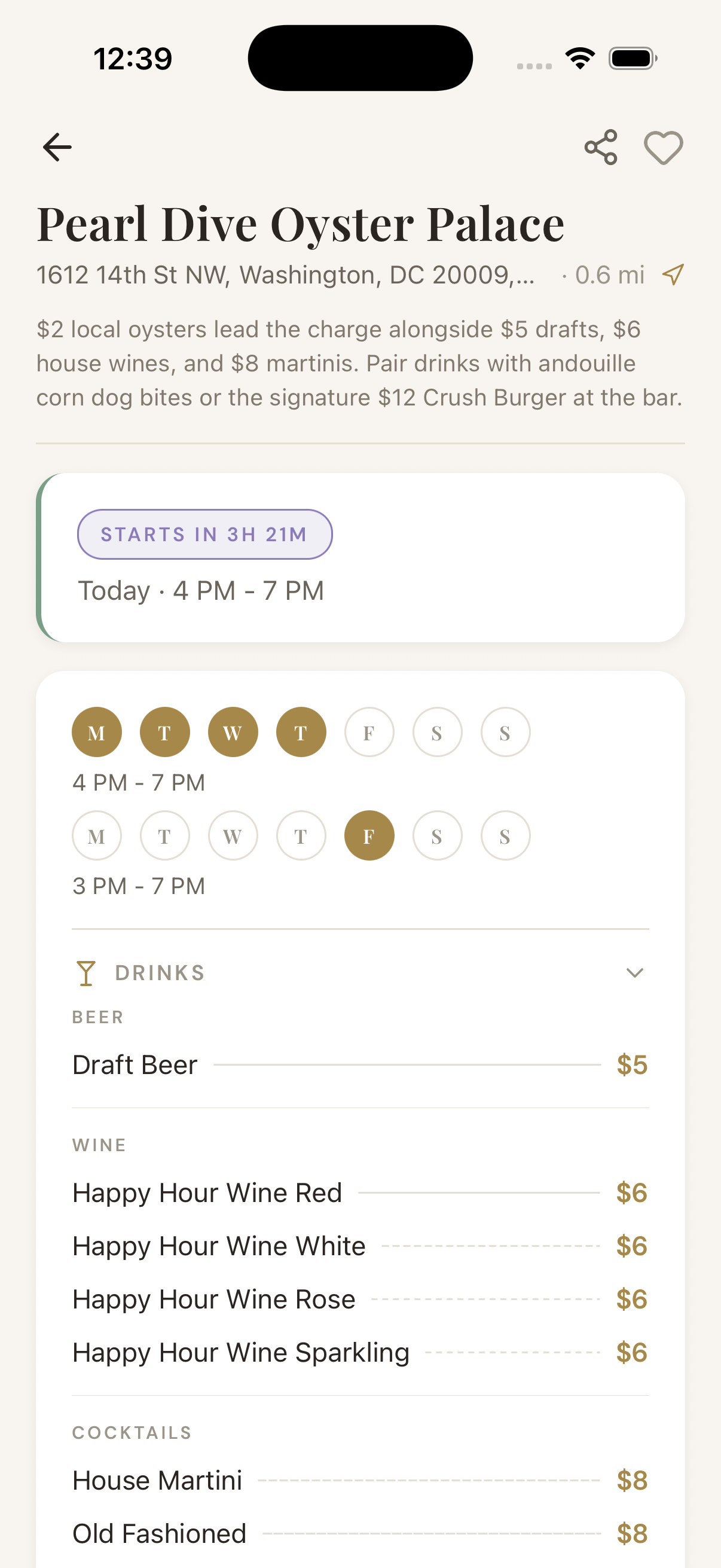 Restaurant detail showing live happy hour countdown