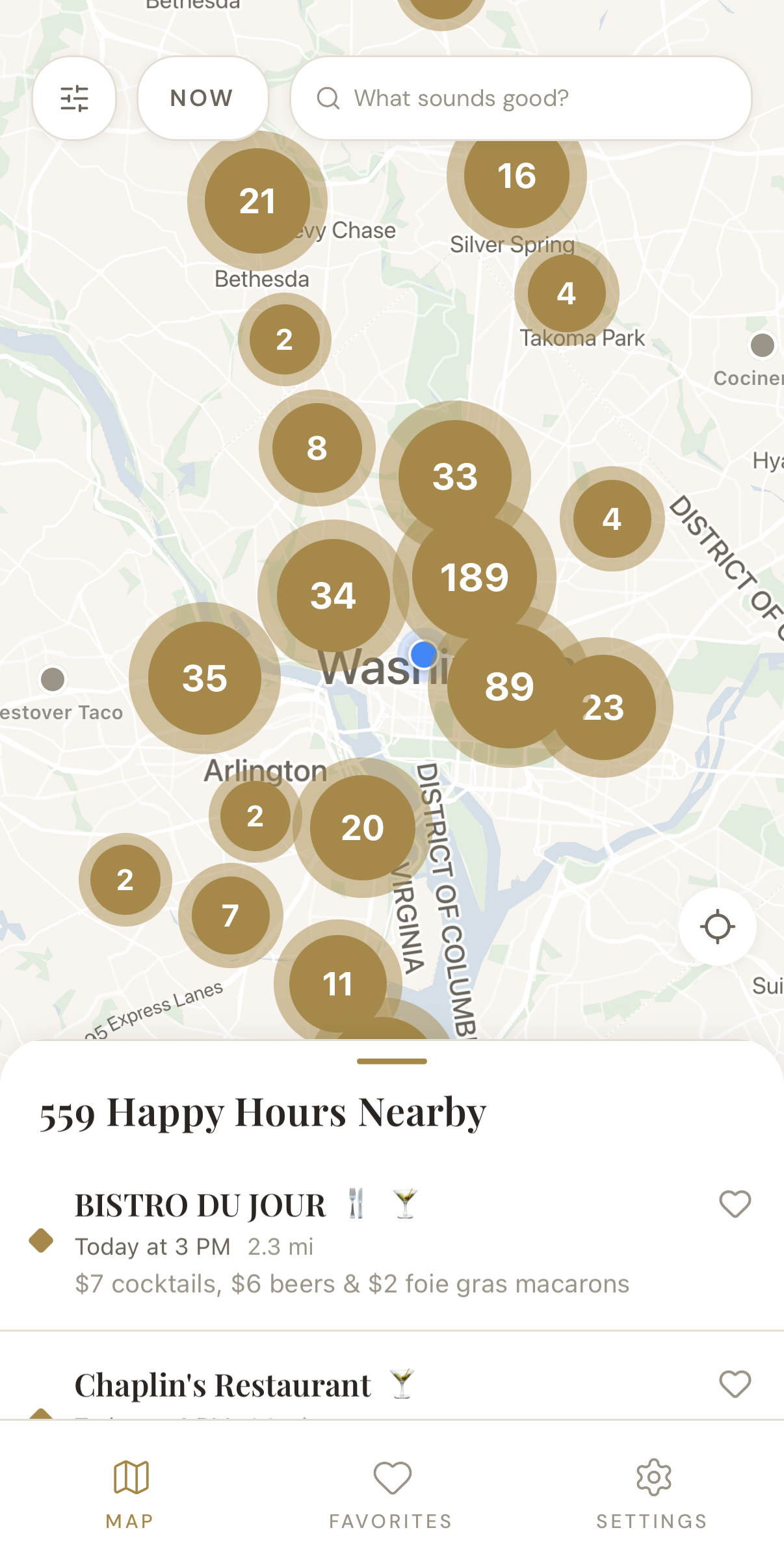 Boozy app showing happy hour deals on a map of Washington DC