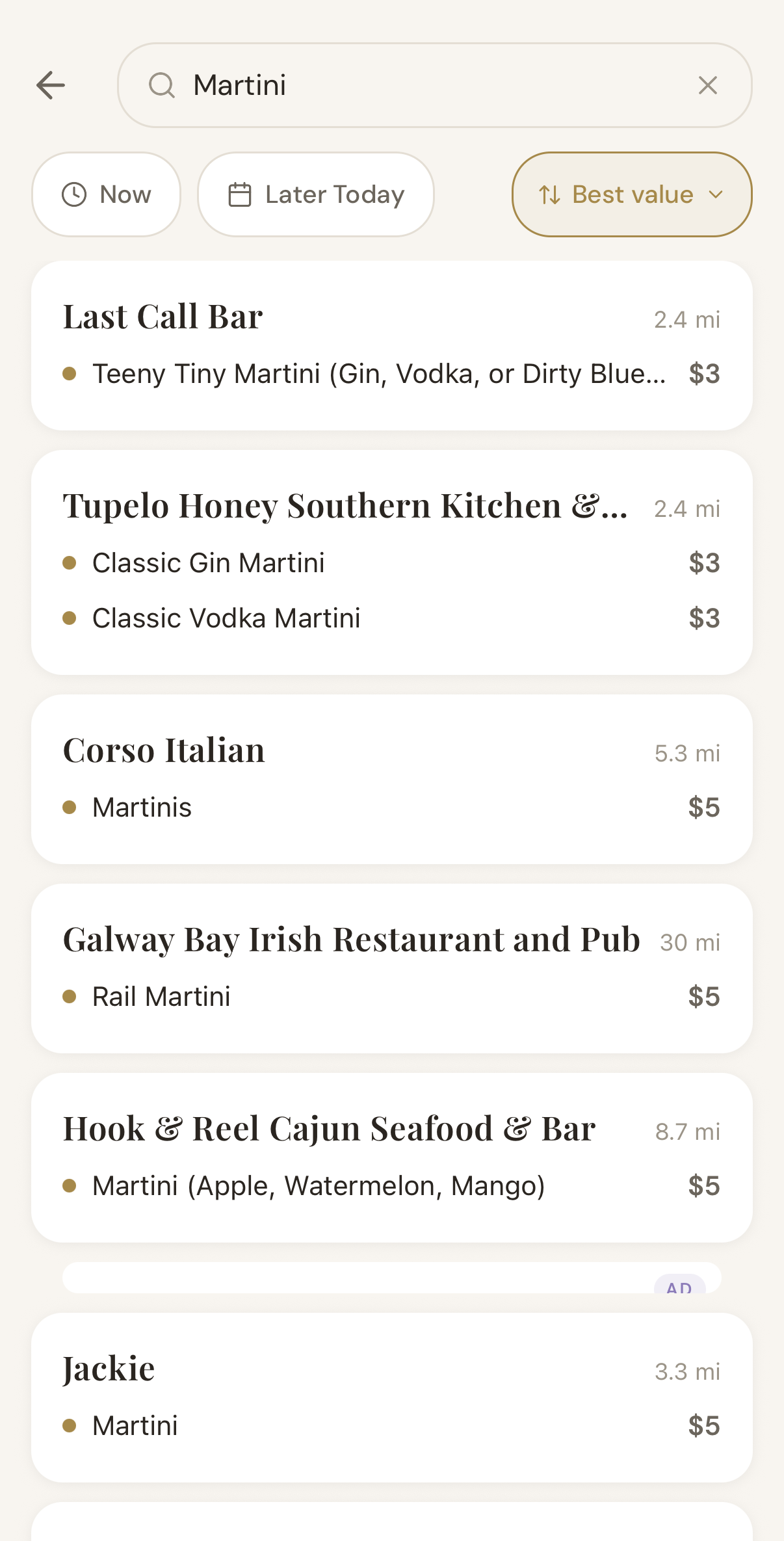 Search results for martini deals across DC