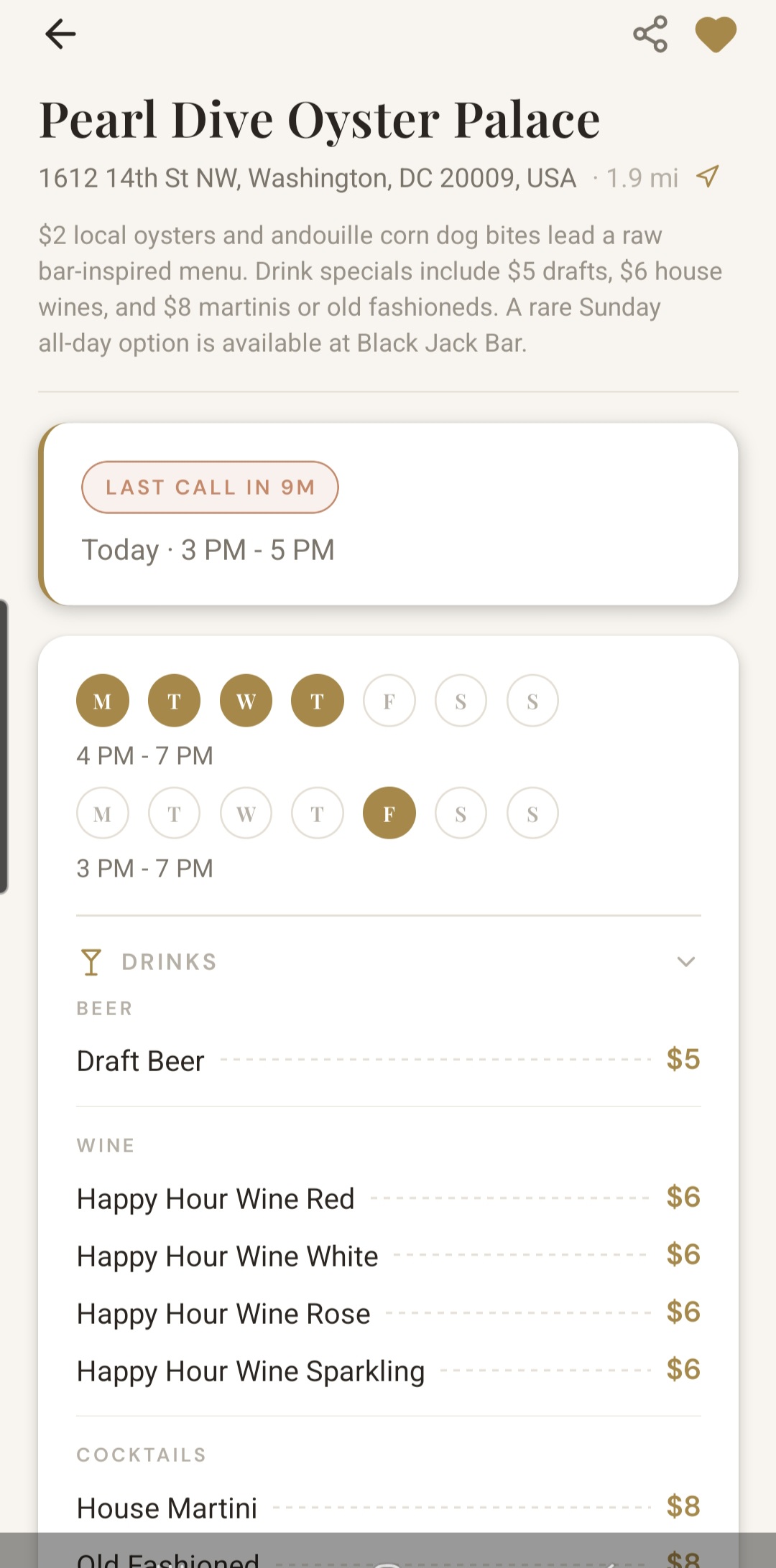 Restaurant detail showing live happy hour countdown