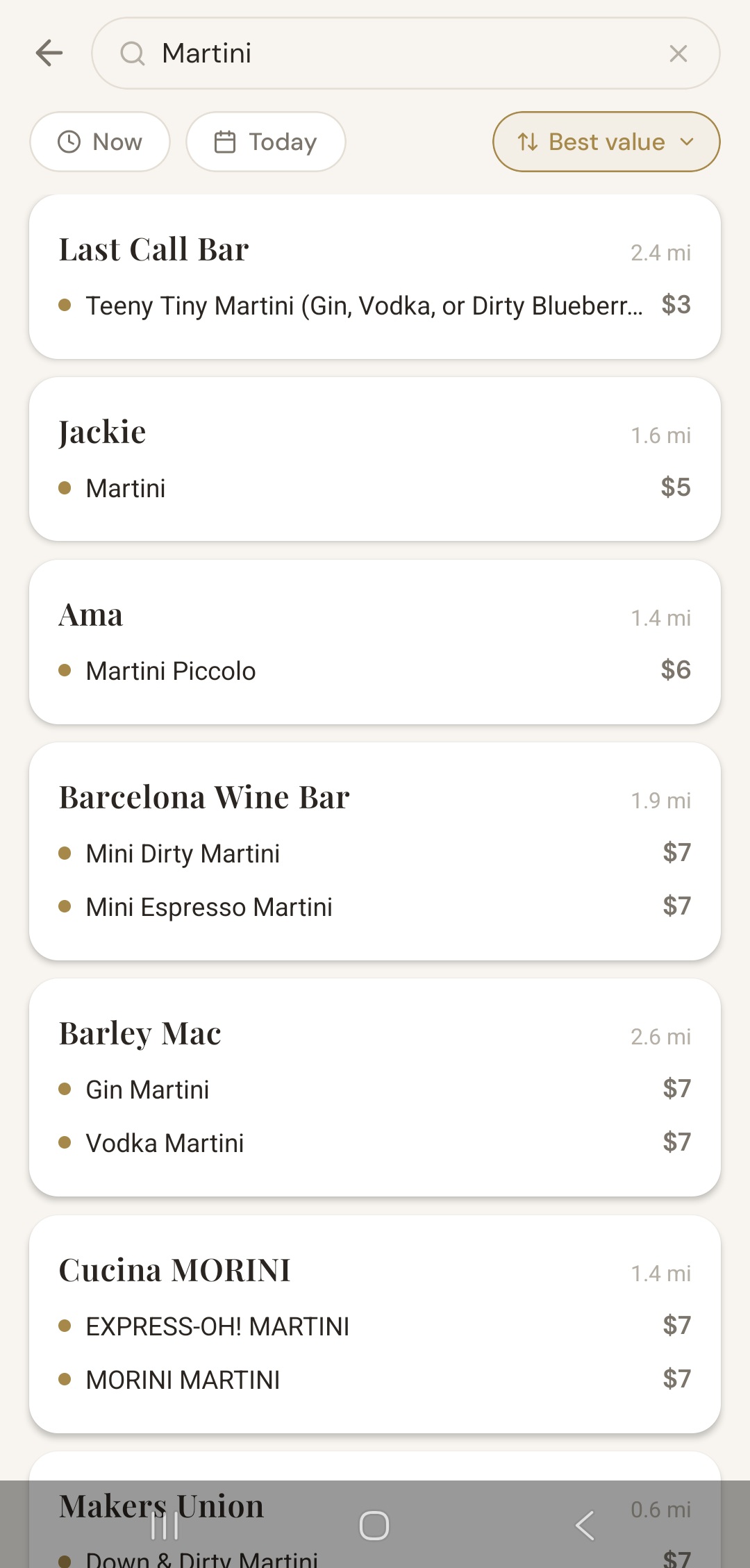 Search results for martini deals across DC