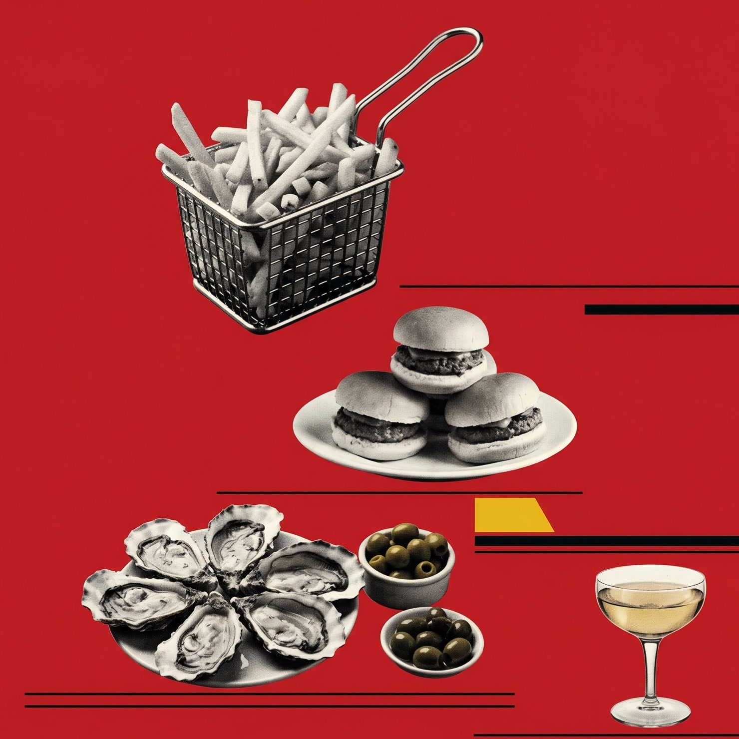 A bold red collage of happy hour food: fries, sliders, oysters, olives, and a coupe of wine.