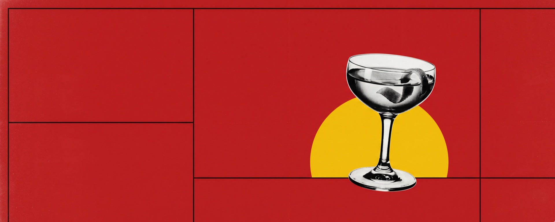 A coupe glass against a chromium-yellow sun, a Ferracci-style collage on blood red.