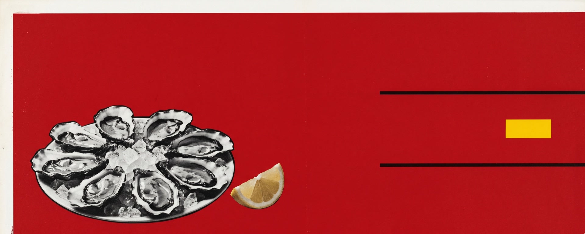 Oysters on the half shell with a lemon wedge, a Ferracci-style collage on blood red.