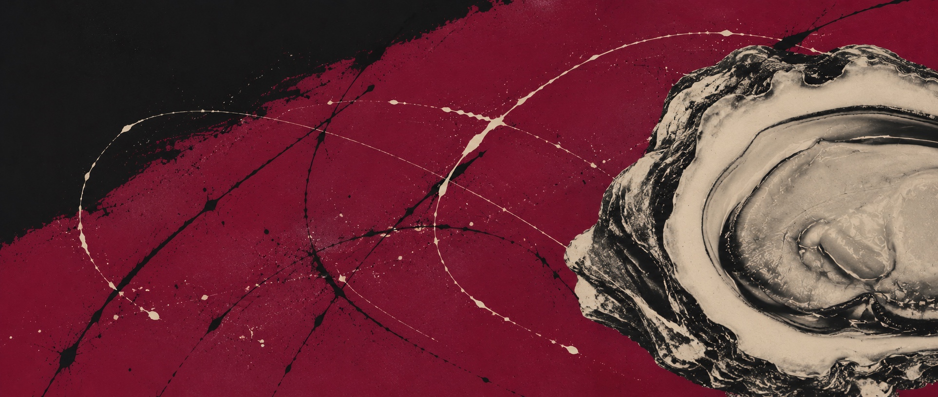 An oyster on the half shell cropped by the frame edge, a black-and-white cut-out on violine and noir color fields with thrown ink splatter.