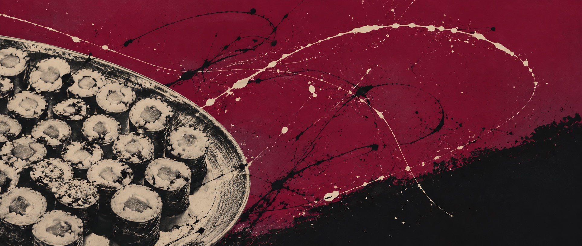 A plate of sushi rolls cropped by the frame edge, a black-and-white cut-out on violine and noir color fields crossed by thrown ink.