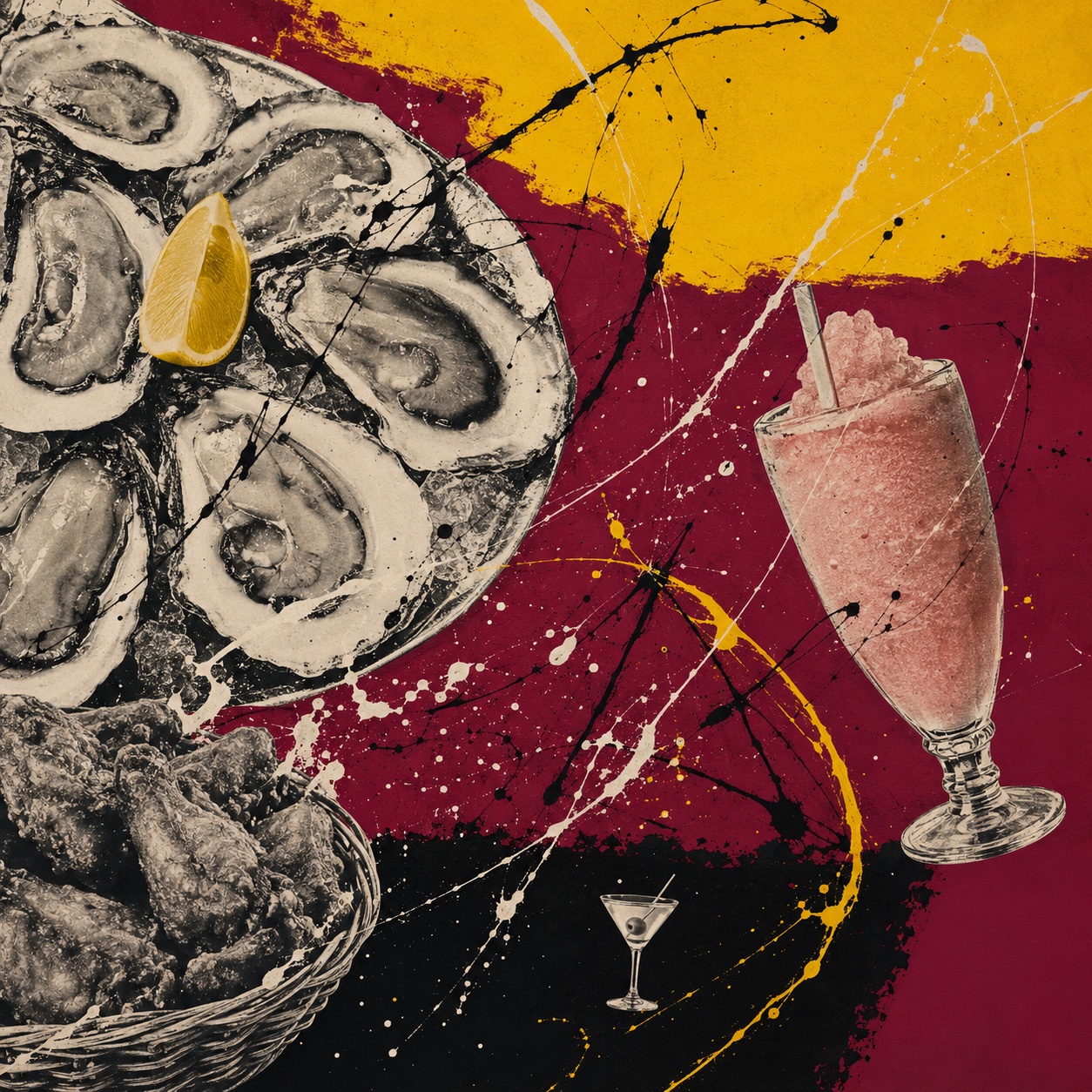A Rothko-meets-Ferracci poster collage: a monumental black-and-white cluster of oysters cropped by the frame edge against stacked violine, noir, and chromium-yellow color fields, with thrown ink splatter, a basket of wings, a blush frozen drink, and a tiny martini.